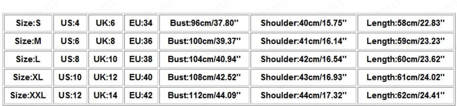 The image displays a sizing chart for a glossy puffer jacket short cotton padded women warm in various sizes with bust shoulder and length measurements.