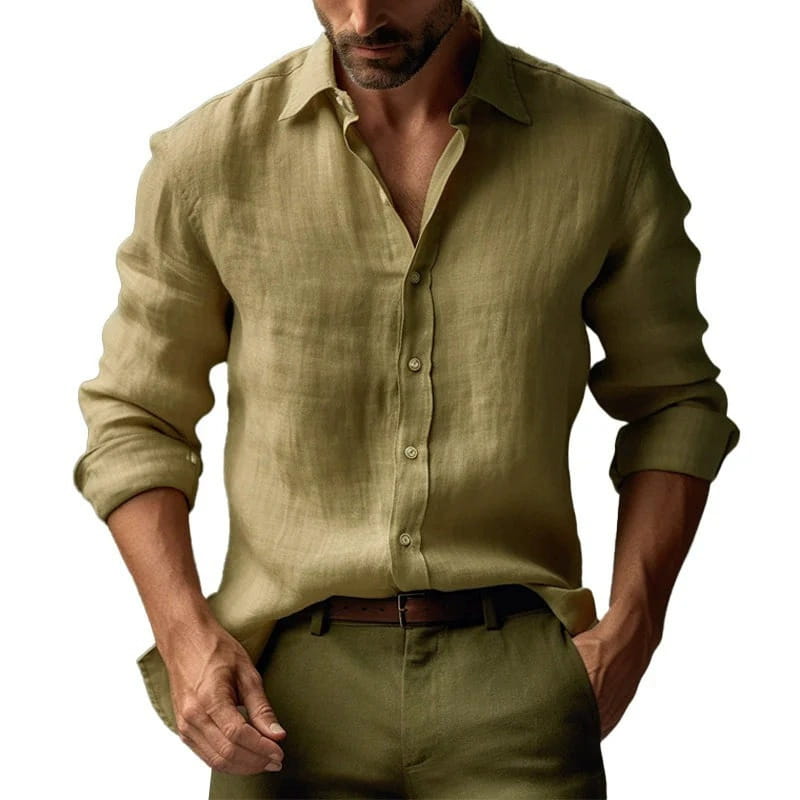 Chemise décontractée en lin à impression numérique, coupe ajustée pour homme, vert olive, manches longues, col classique et conception boutonnée.