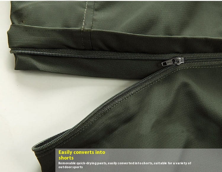 dark olive green convertible tactical hiking pants made of quick-drying material with zipper detail and removable shorts conversion feature.