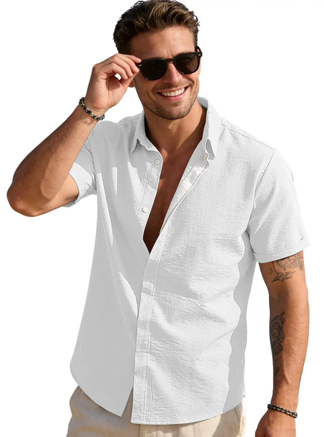 Men’s textured bamboo linen short sleeve button down shirt in white with a relaxed fit and subtle texture.