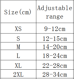 Adjustable size chart in centimeters for mesh dog muzzle with adjustable strap for large dogs showing sizes from XS to 2XL.
