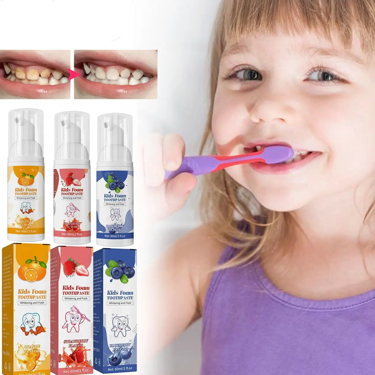 A purple and red children’s toothbrush with foamy white blueberry toothpaste applied to the bristles for cavity protection in a 60ml kids foam toothpaste product.