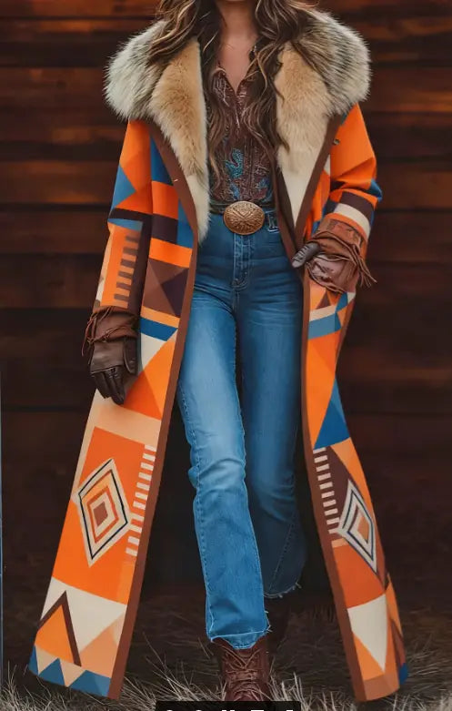 Damen-Retro-Langmantel mit einem lebendigen orange-blauen-braunen geometrischen Muster und einer kuscheligen, fellgefütterten Kapuze.