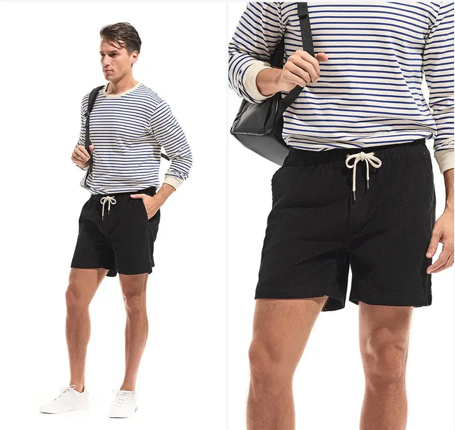 Men cotton corduroy shorts in black with white drawstrings designed for casual summer wear.