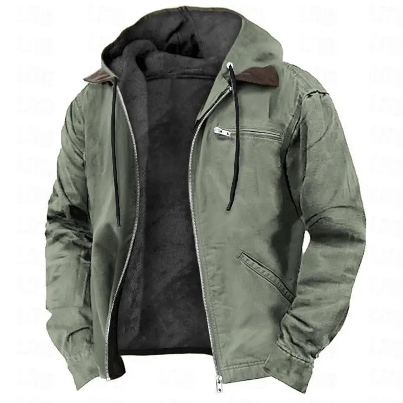 Men’s winter fleece lined hooded jacket in olive green with black fleece lining and brown leather trim on the collar.