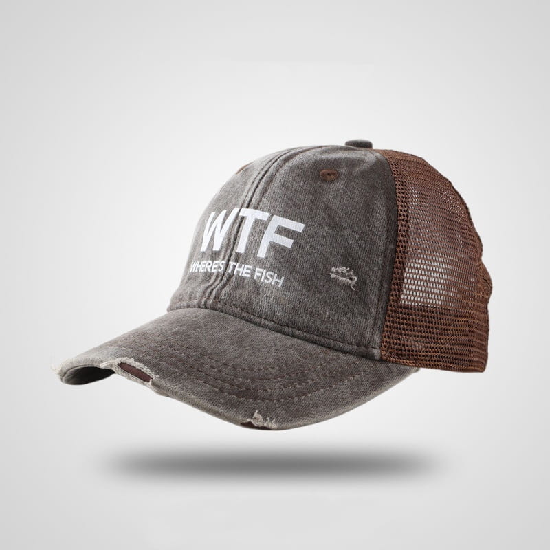Distressed gray and brown fishing trucker hat made of embroidered mesh with white wtf wheres the fish text printed on the front.