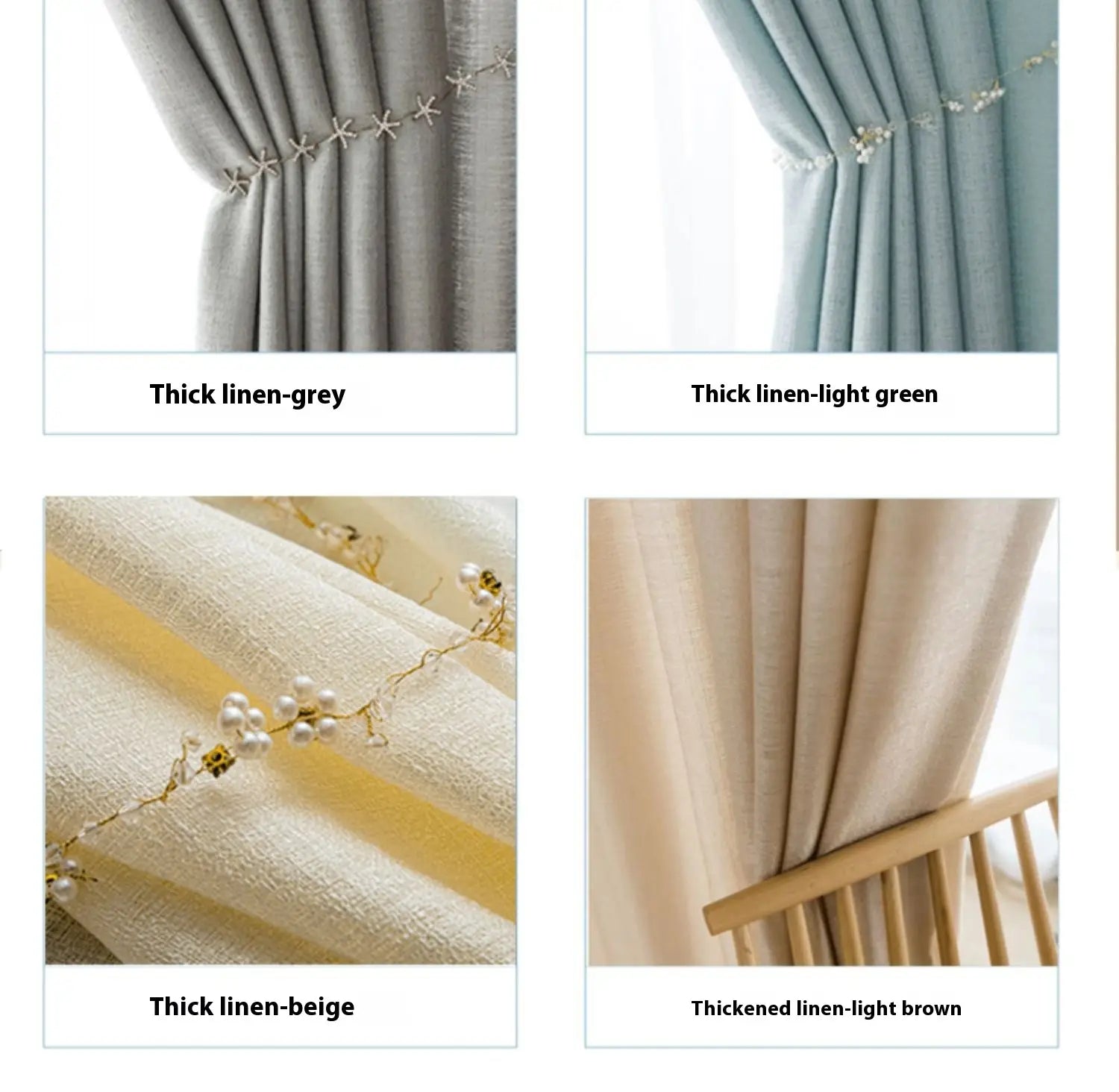 Textured sunscreen linen curtains in grey light green beige and light brown featuring thick fabric with decorative pearl and gold wire accents for home use.