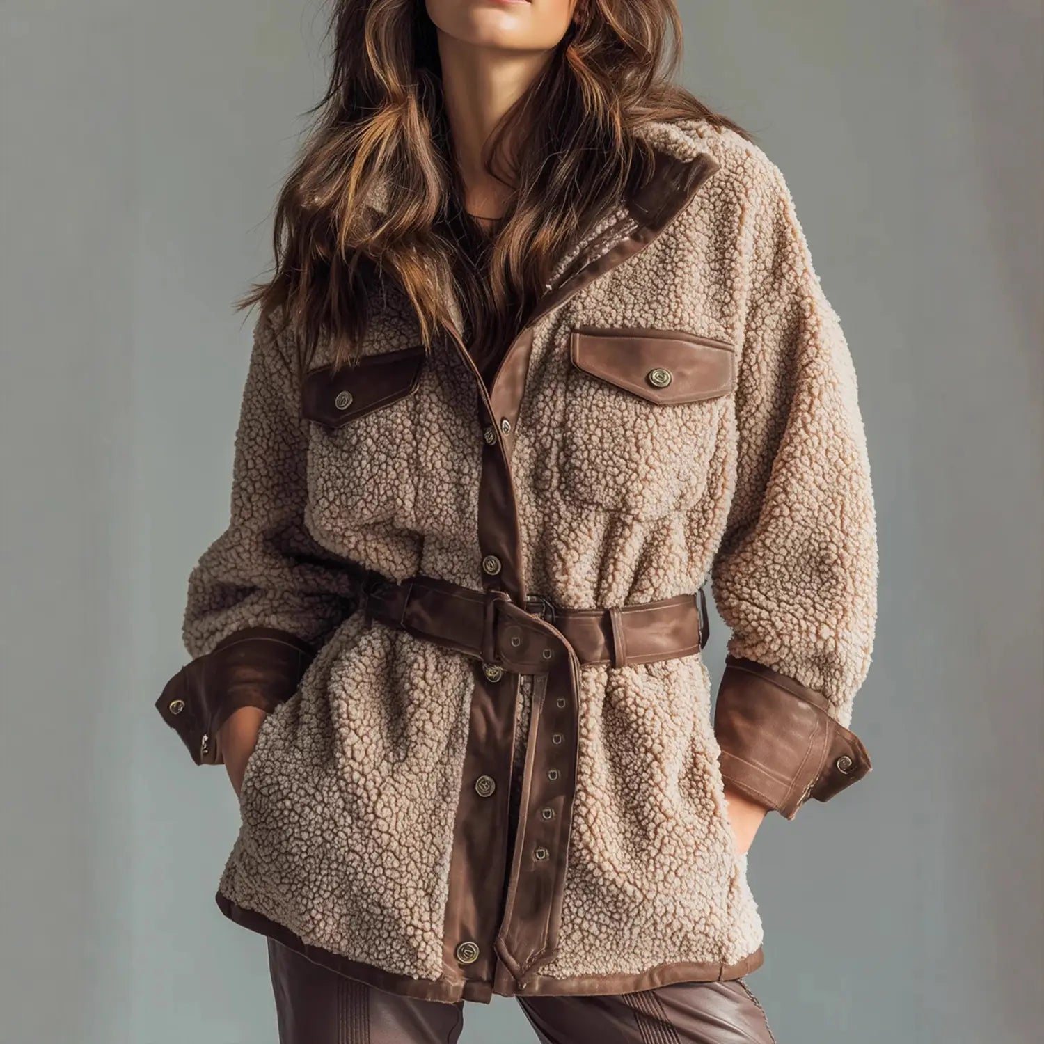 Beiger Shearling-Besatz-PU-Leder-Mantel mit Taillengürtel, mit braunen Lederakzenten und passendem Gürtel.