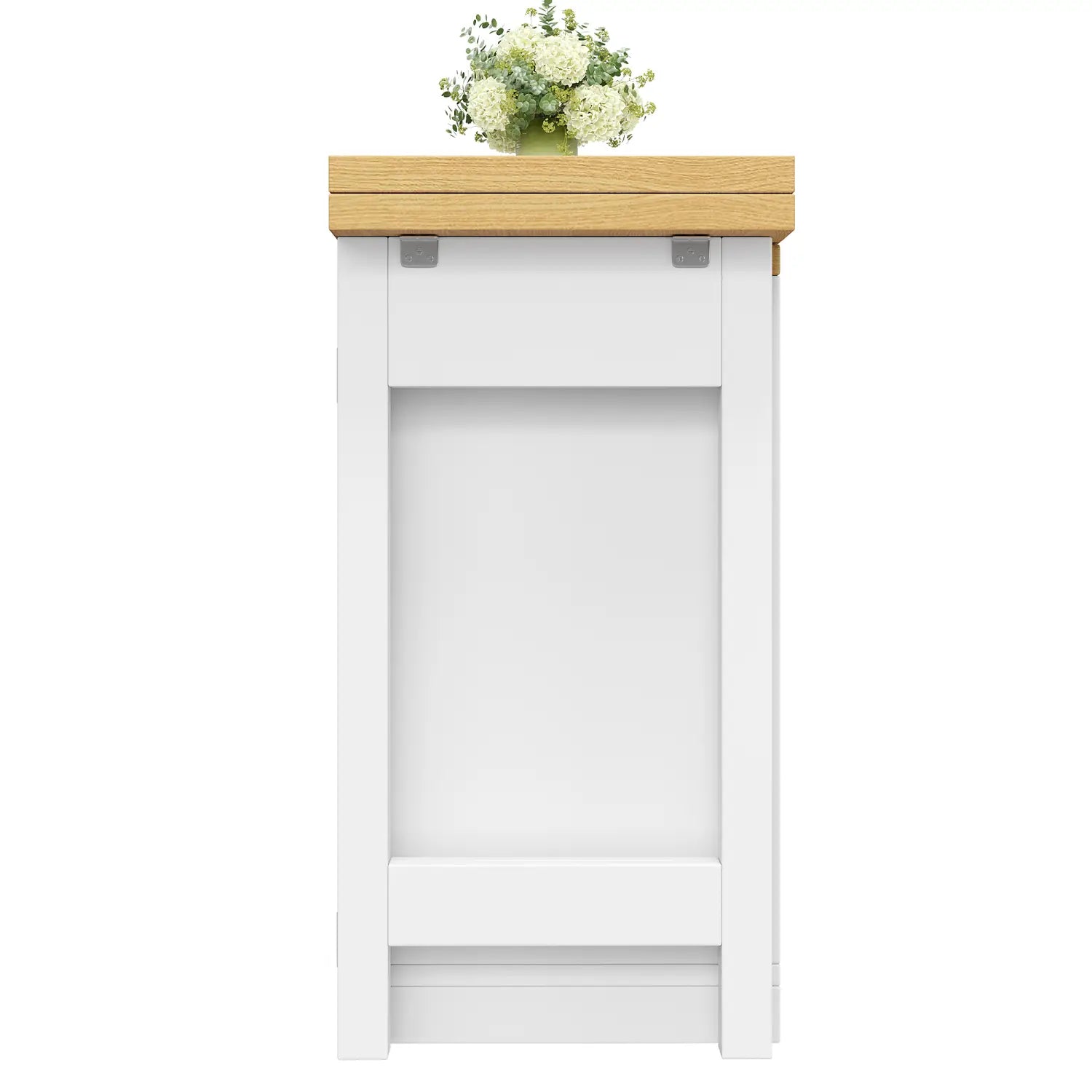 White cabinet extendable kitchen island dining table with a light wood top and a decorative floral arrangement placed on it.