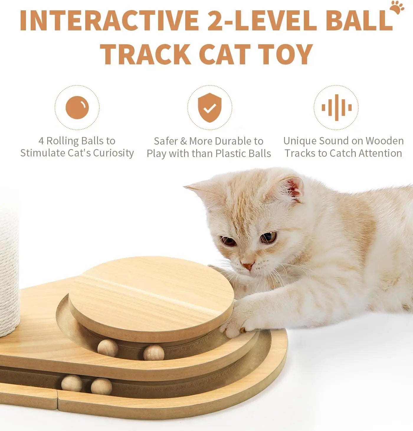 Cute modern wooden cat scratching post with beige sisal rope wrapping and a dangling white ball toy.