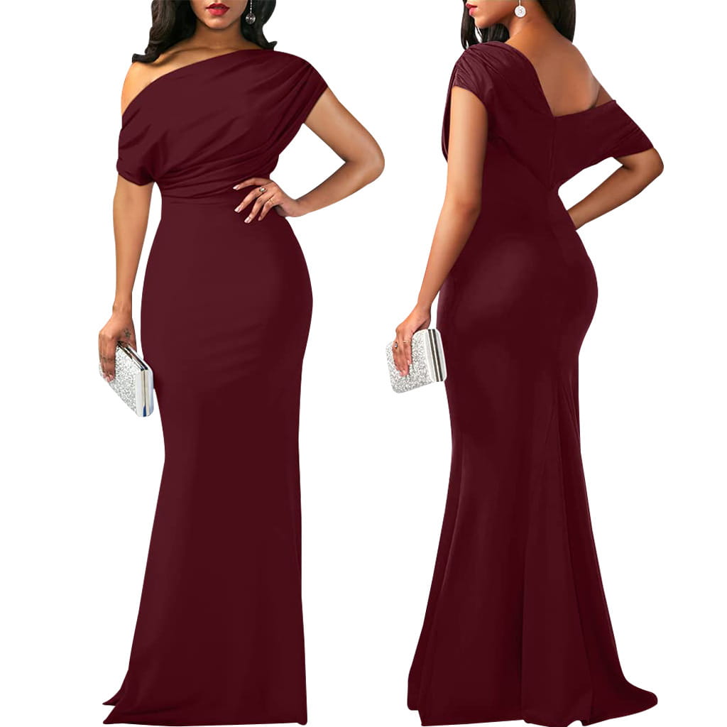 A sleek burgundy off the shoulder mermaid evening gown with a draped bodice and fitted silhouette.