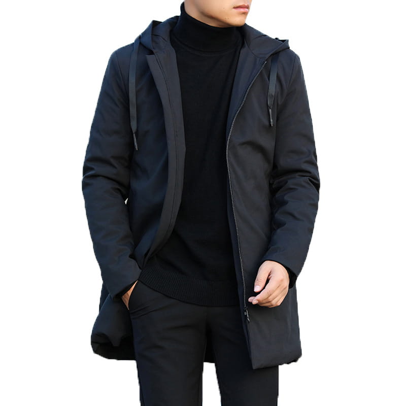Men thick hooded winter jacket in black with a sleek modern design and subtle zipper detailing.