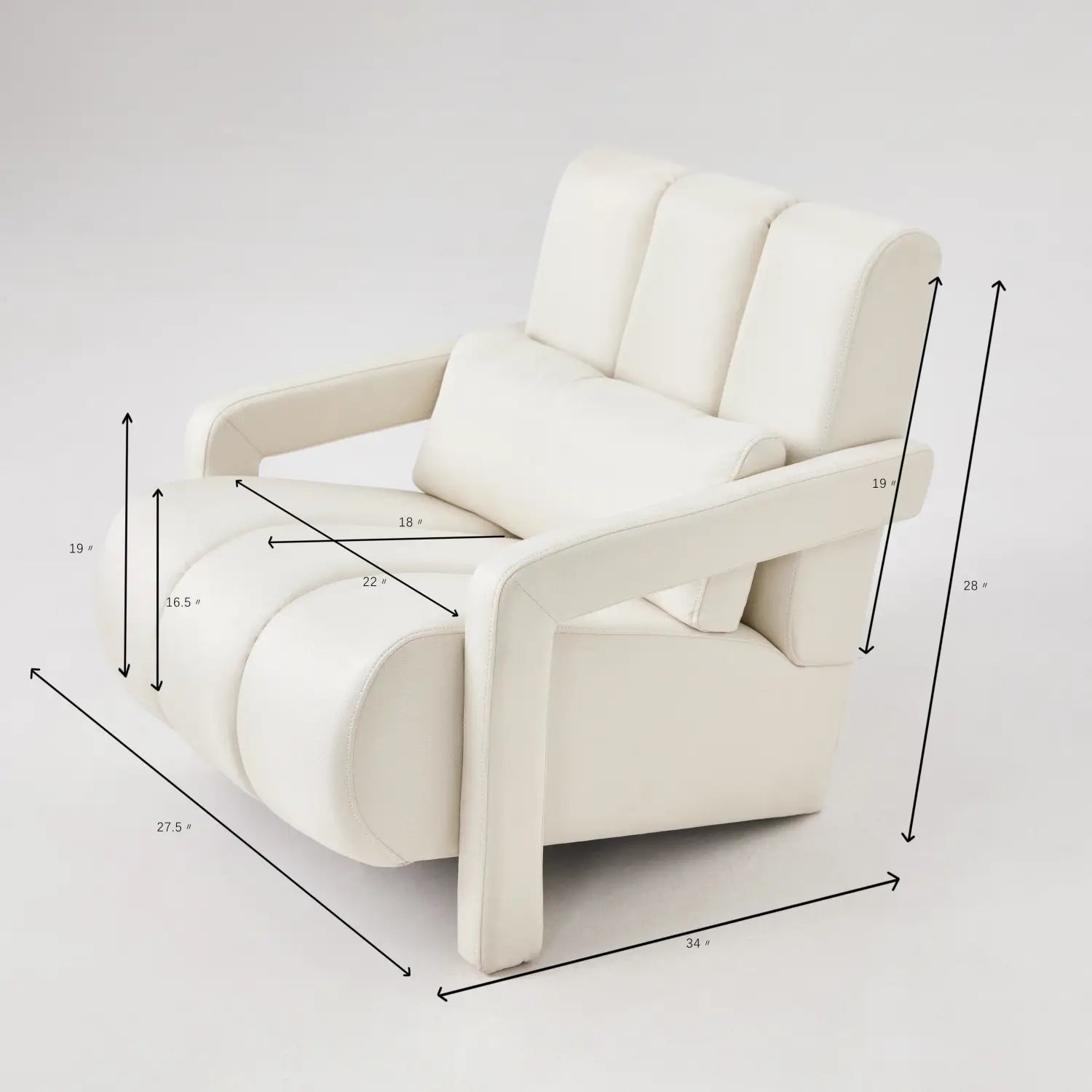 Cream-colored leather recliner with segmented backrest and curved armrests designed as a modern linen accent chair with pillow for beige living room.