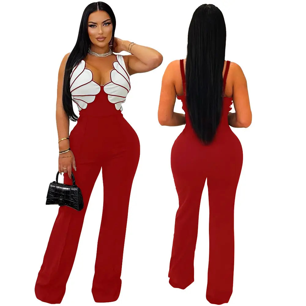 Red and white halter-neck butterfly wing slim fit jumpsuit featuring a sculpted wing-like design on the bodice.