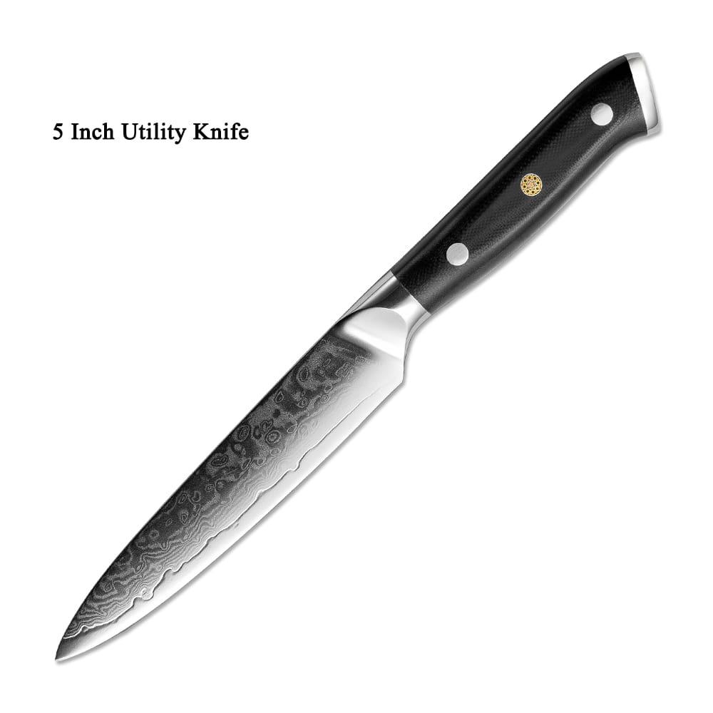 Schwarzgriffiges 12,7-cm-Universalmesser (5 Zoll) mit Klinge aus Damaststahl und kunstvollen, sich windenden Mustern sowie silberner Parierstange, Teil des Damaststahl-Küchenmesserset 4-teilig mit G10-Griff.