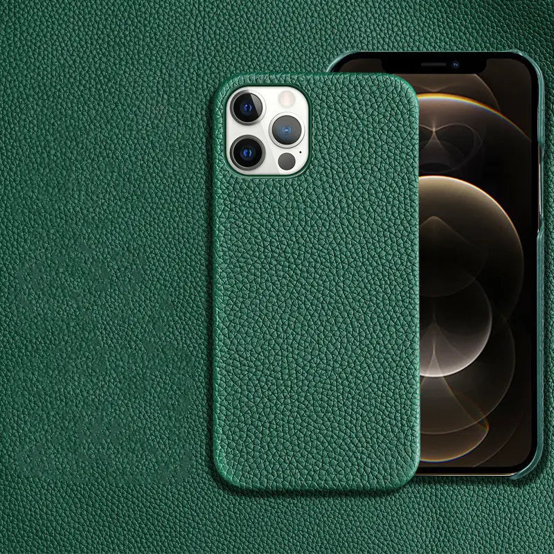 Deep green textured genuine leather anti drop iphone case for 12 pro shown from the back side.
