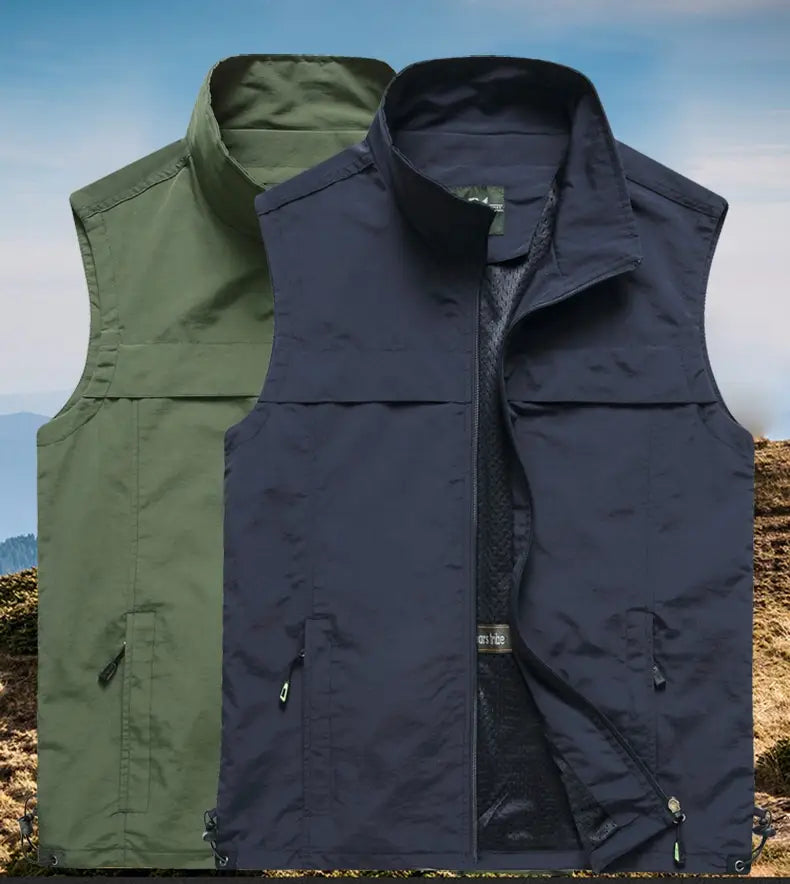men multi pocket fishing vest in dark navy and olive green with zippered pockets and a high collar for utility and convenience.