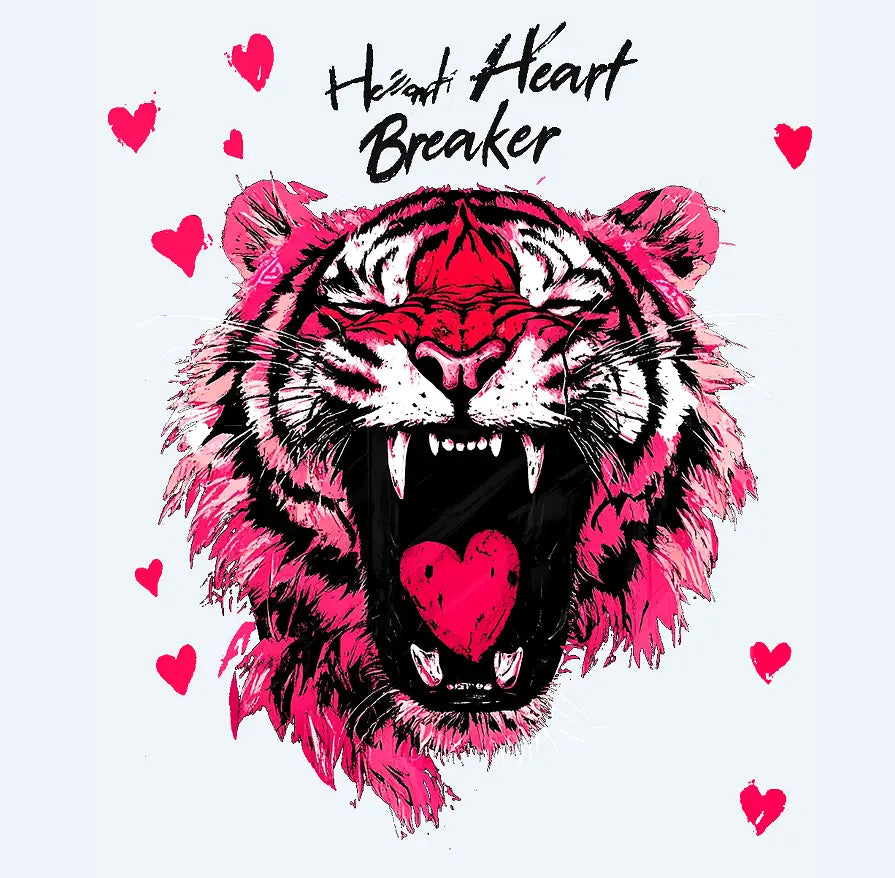 A vibrant pink and black illustrated tiger with its mouth open revealing a red heart on a tan tiger graphic trucker hat for men heart breaker.