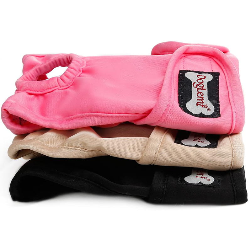 Breathable female dog diaper physiological pants by dogeent in pink beige and black made of soft fabric with elasticated edges.