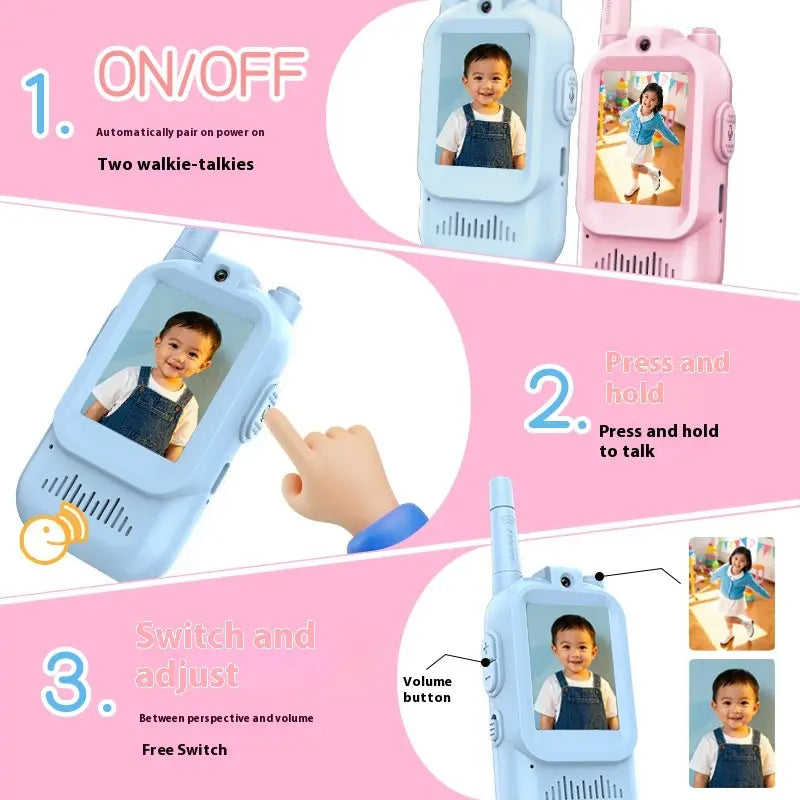 Light blue kids video walkie talkies 2 pack rechargeable intercoms with colorful screen displays and antenna designs for children’s communication.