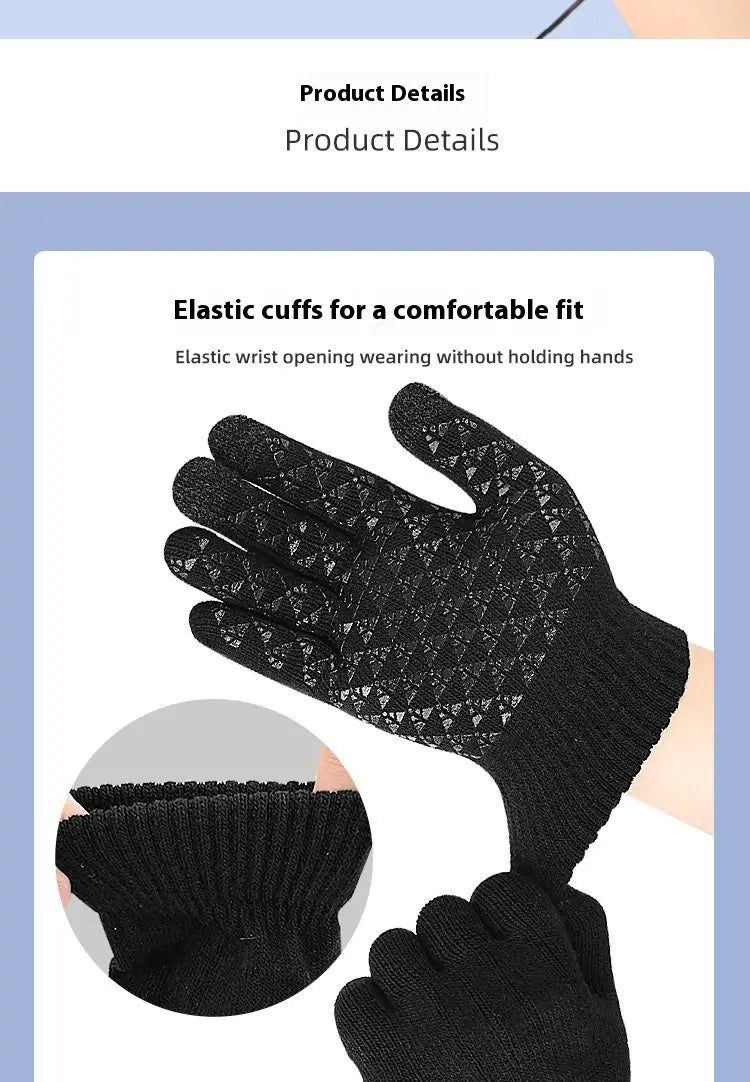 Black knitted usb heated typing gloves with textured grip on the palms and elastic cuffs for a snug fit designed for thermal winter use.