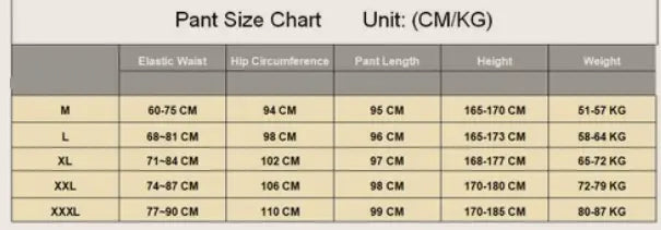 Tableau des tailles de pantalons indiquant des mesures en centimètres et en kilogrammes pour des pantalons décontractés à jambes larges à plis en dégradé pour hommes, tailles M à XXXL
