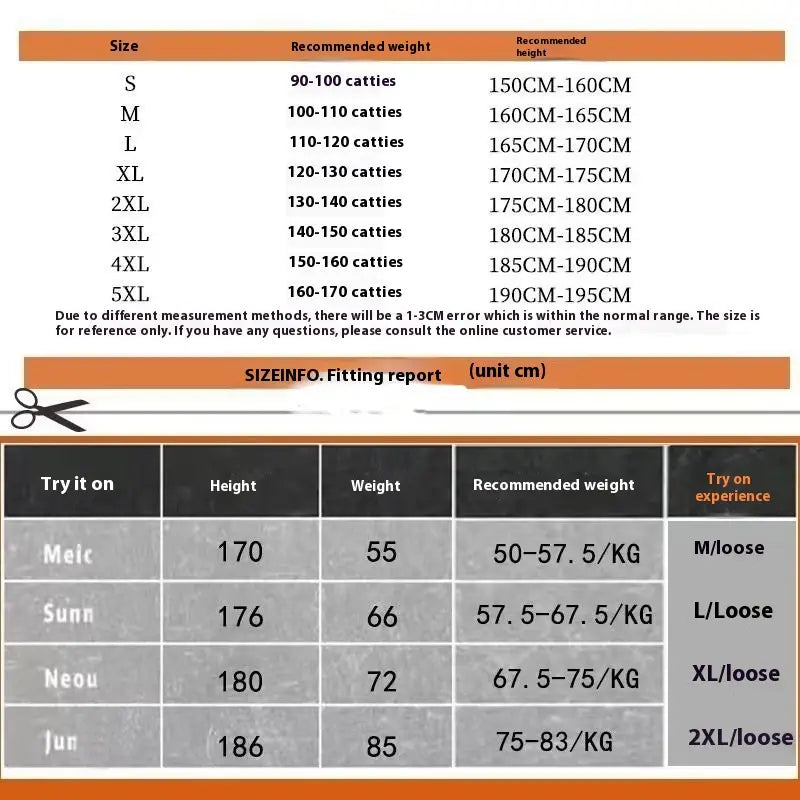 size chart for men tactical cargo pants outdoor casual utility trousers showing recommended weight and height ranges from s to 5xl and individual try-on measurements for four models.