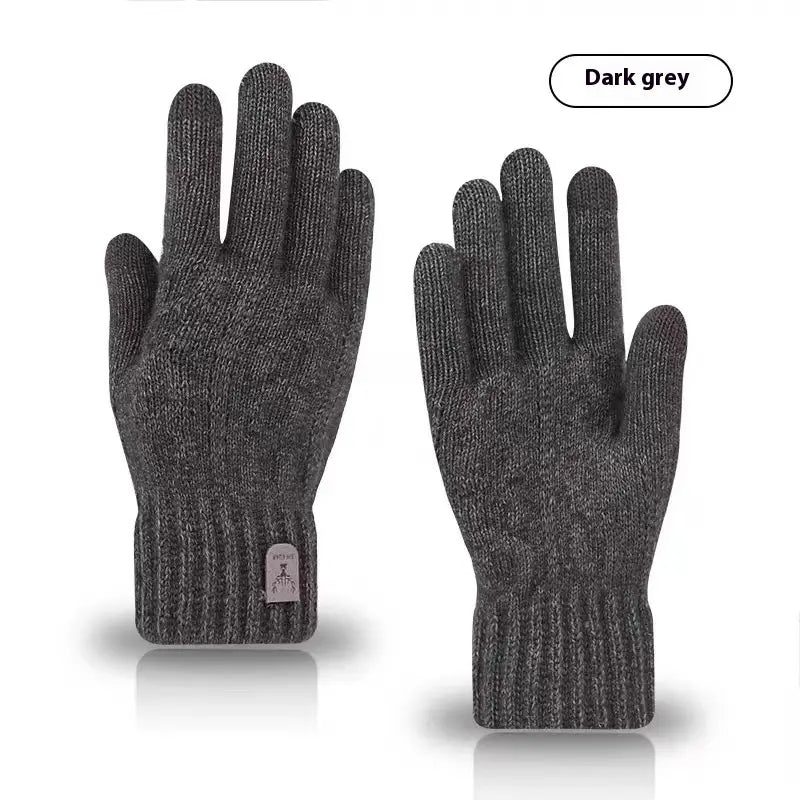 Men’s dark grey knitted touchscreen winter gloves with ribbed cuffs and a small label on the wrist shown from the back side.