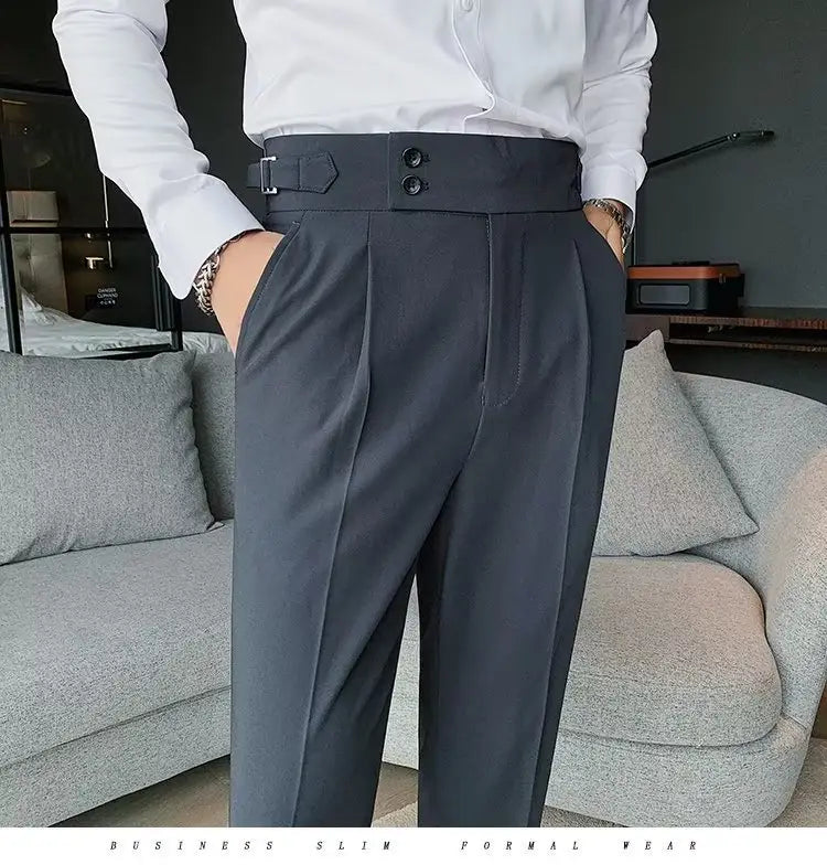 Dark gray slim-fit formal Korean style men trousers with a high waist, belt looped at the back, and two front buttons.