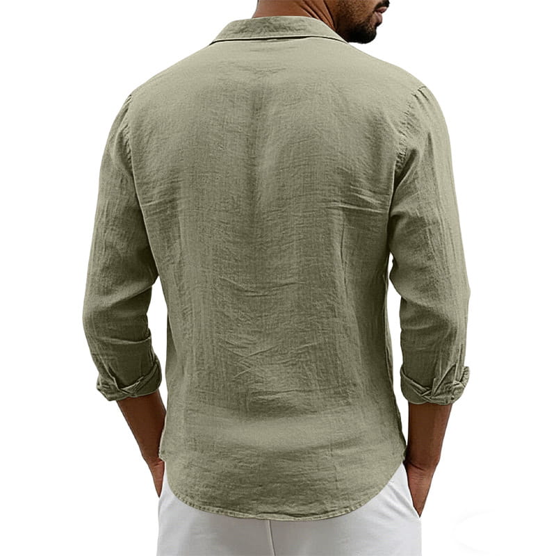 Men’s slim fit olive green linen blend long sleeve casual shirt with rolled-up cuffs and classic collar