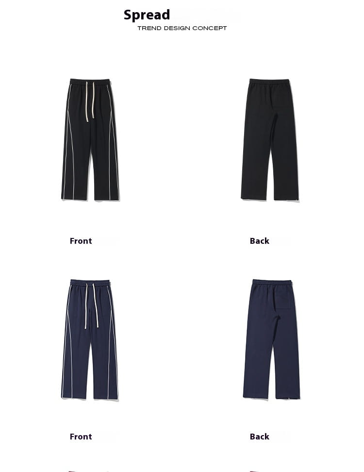 Black wide leg striped track pants with white side stripes and a drawstring waistband designed for athletic use.