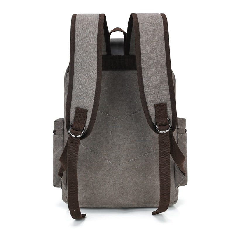 Gray canvas retro backpack with large capacity wear resistant design featuring brown leather straps and metal hardware.