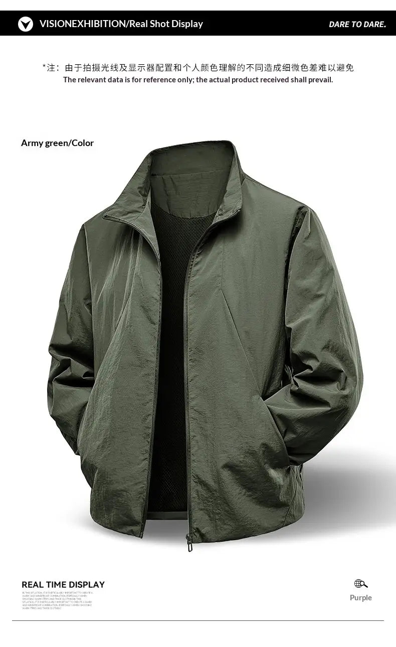 Veste coupe-vent imperméable légère pour homme en vert armée, avec col montant et devant zippé, conçue pour les activités en extérieur