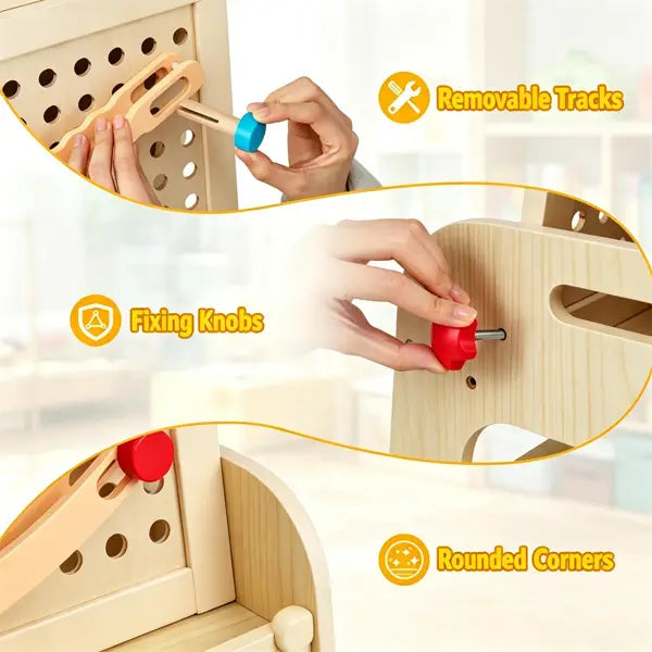 wooden art easel with marble run and storage shelves featuring a light-colored wooden toy construction set with red and blue plastic knobs for connecting pieces.