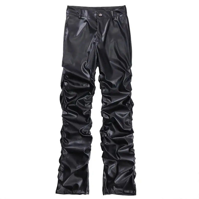 Men’s black ruched glossy faux leather tapered pants featuring detailed ruched accents down the legs.