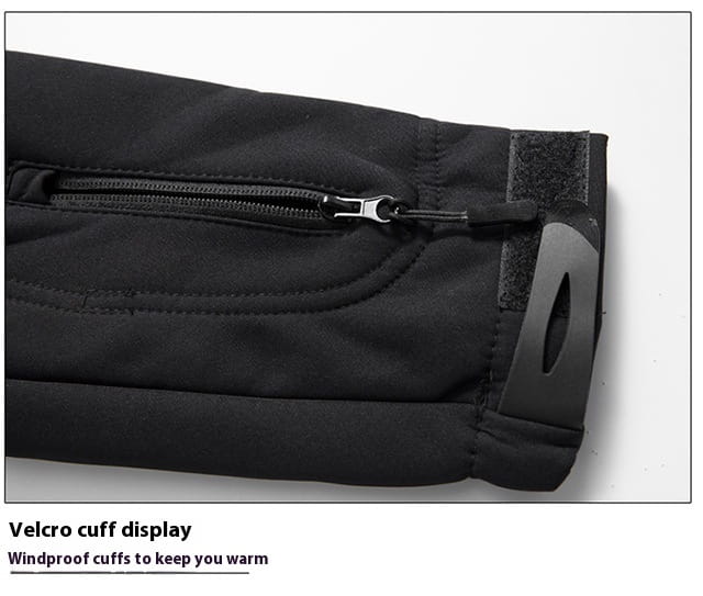 Black windproof cuff with zipper and velcro strap for warmth on men’s waterproof tactical fleece soft shell jacket.