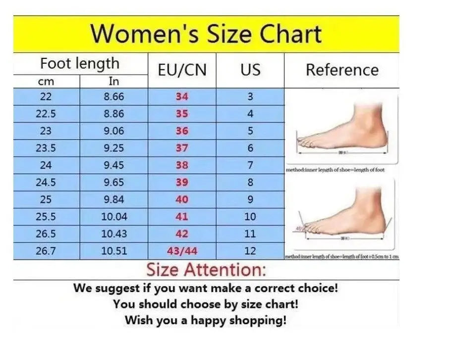 Women’s leather knee high knight boots with buckle strap size chart showing foot length in centimeters and inches with corresponding EU CN and US sizes and foot illustrations.