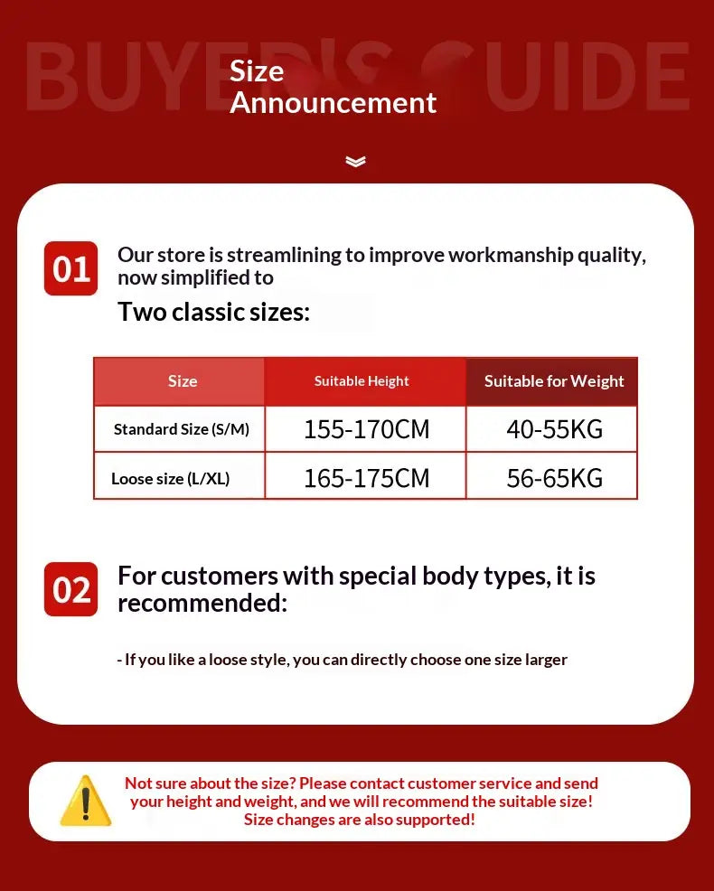 Size announcement guide for a brown quilted puffer jacket mid length hooded showing two classic sizes with corresponding suitable height and weight ranges.