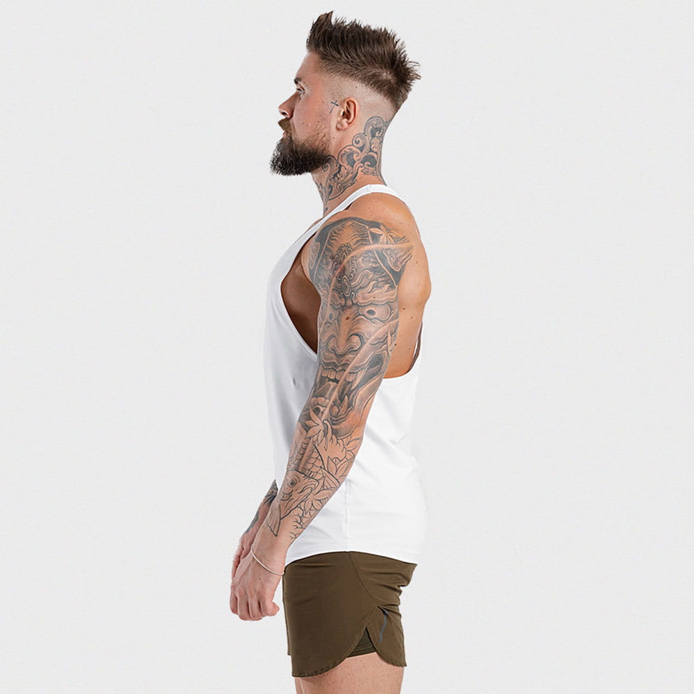 Men’s go hard racerback athletic tank top in white sleeveless design with a clean minimalist style suitable for sports and workouts.