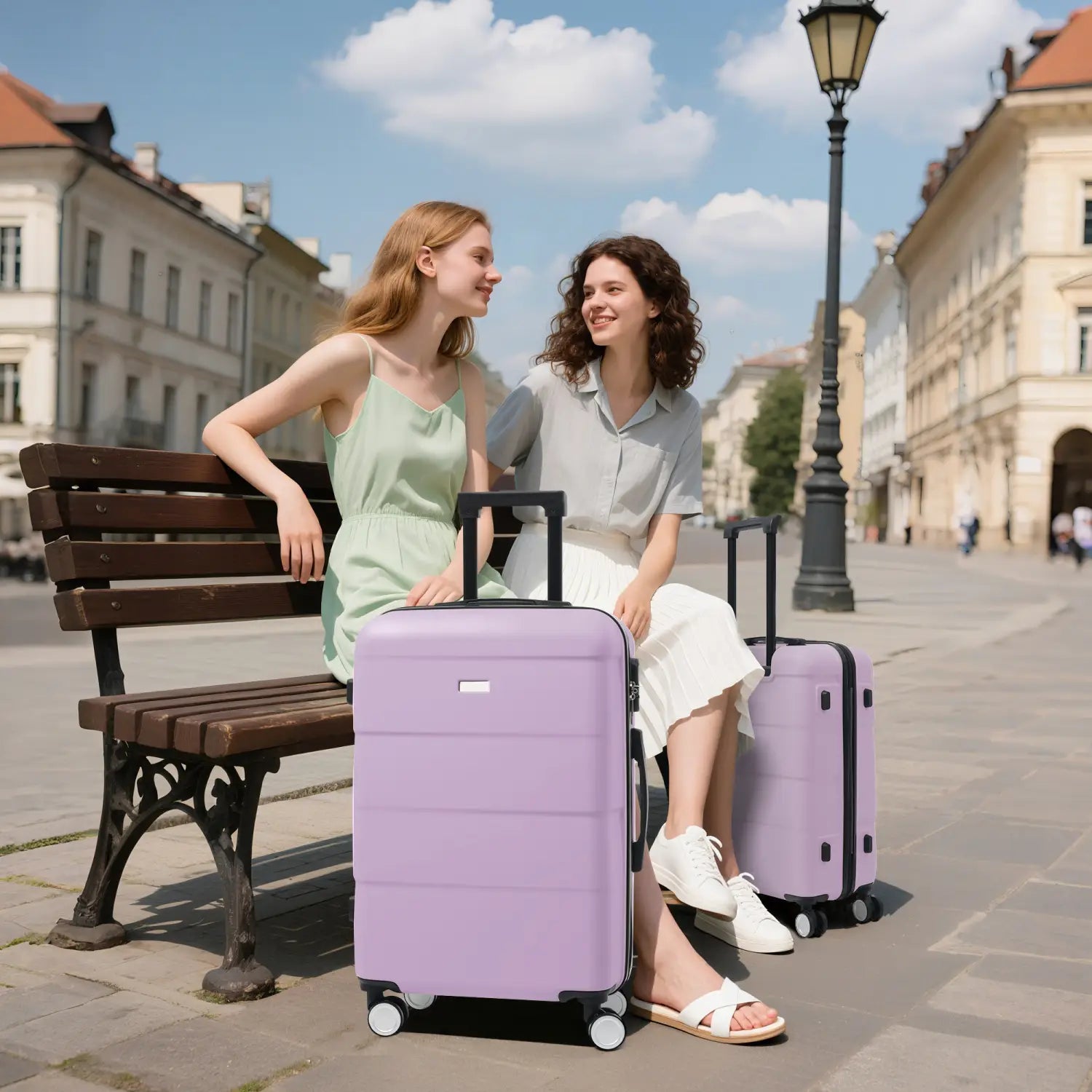 Purple hard-shell rolling suitcase with black handle and spinner wheels from the lavender 6 piece hardshell luggage set.