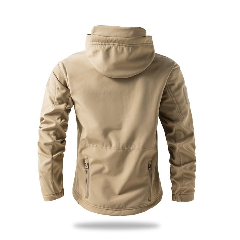 Beige men’s waterproof tactical fleece soft shell jacket with hood zippered pockets and sleek modern design.