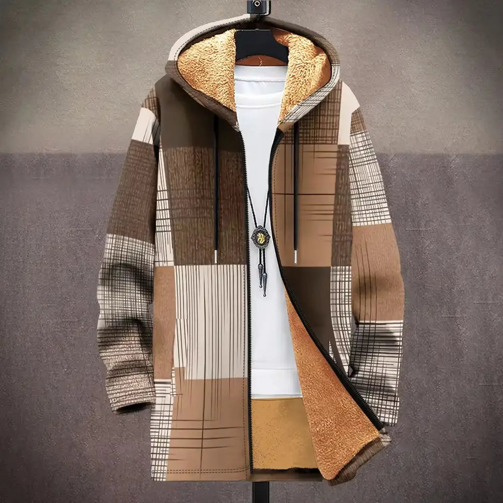 Geometric fleece hooded trench coat featuring brown and beige patchwork design with plush tan fleece lining.