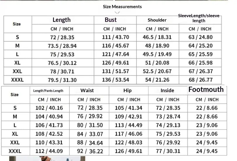 Size measurements chart for men hooded loungewear set in cotton blend showing dimensions in centimeters and inches for sizes s to xxxl.