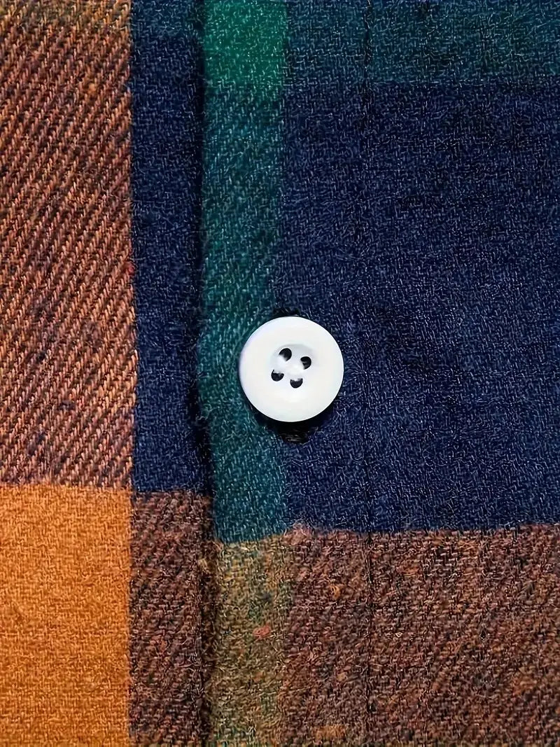 white four-hole button on a men’s slim fit plaid flannel button up shirt with navy green and brown tones