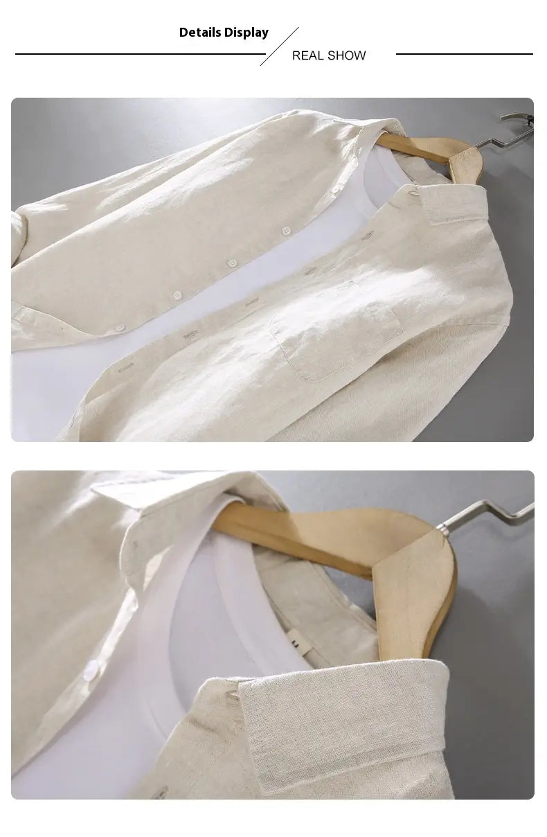 Herren-Langarm-Leinenhemd im lässigen Stil mit Knopfleiste in sanftem Off-White, mit klassischem Kragen und Knopfleiste vorne.