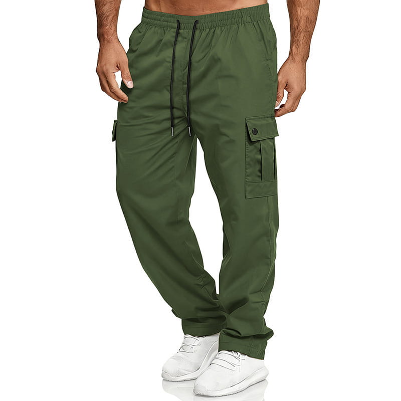 Mens straight leg cargo work pants in olive green with black drawstring and multiple functional pockets designed for durability and utility.