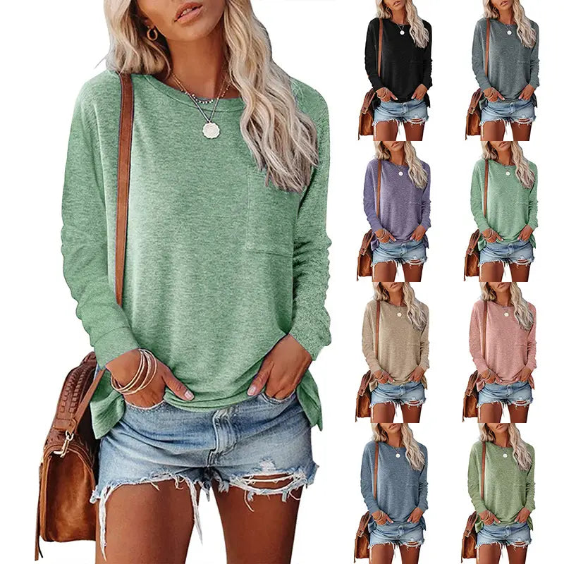 Green heathered relaxed pocket knit long sleeve t-shirt with a round neckline and front pocket.