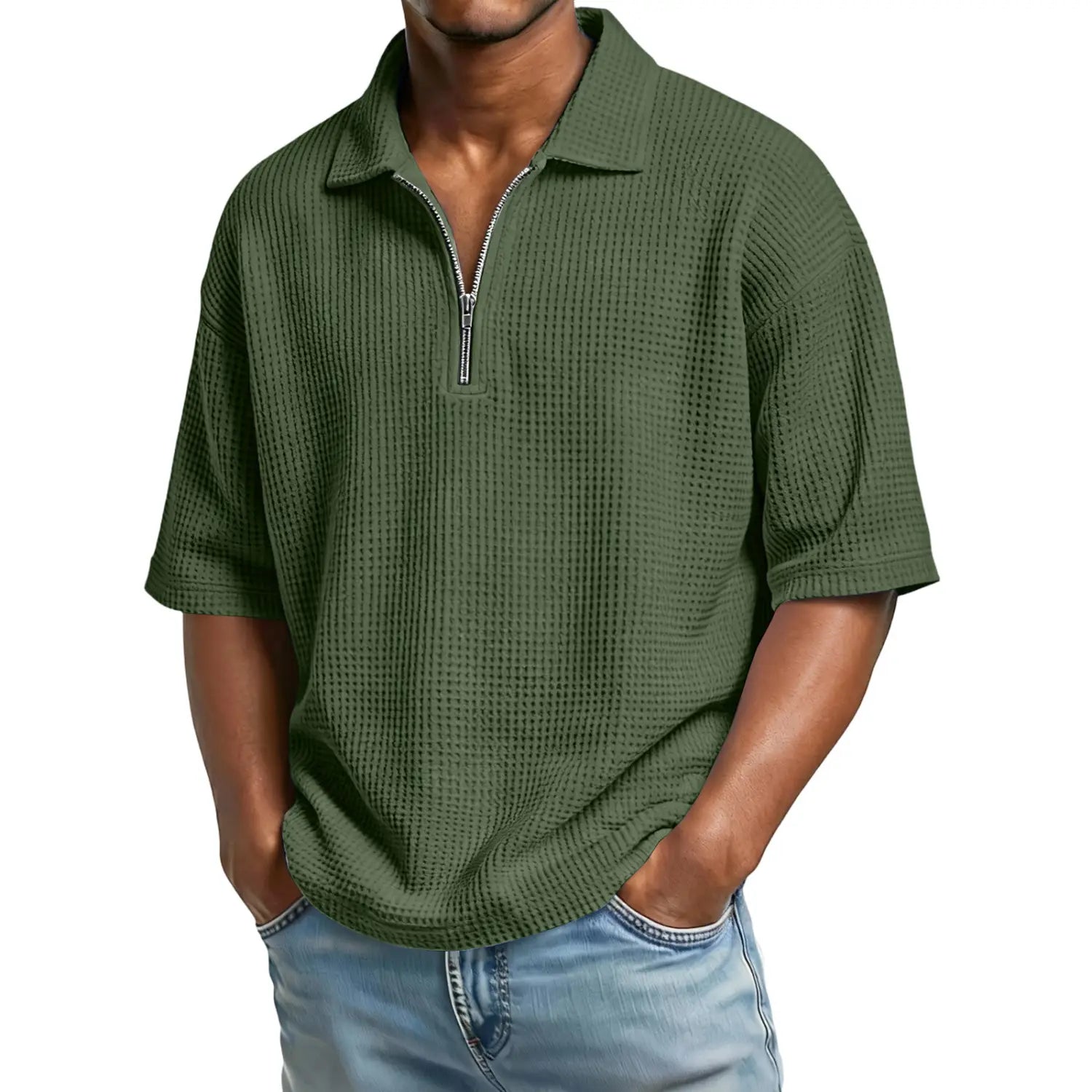 Olive green men’s waffle knit half zip short sleeve polo shirt made from textured fabric for casual wear.