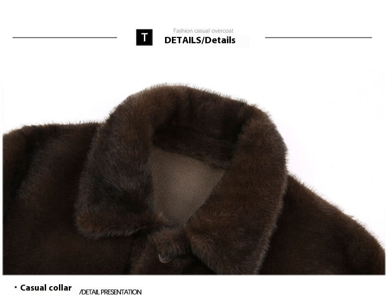 Dark brown faux fur collar of a casual faux fur winter coat for men made from soft synthetic material.