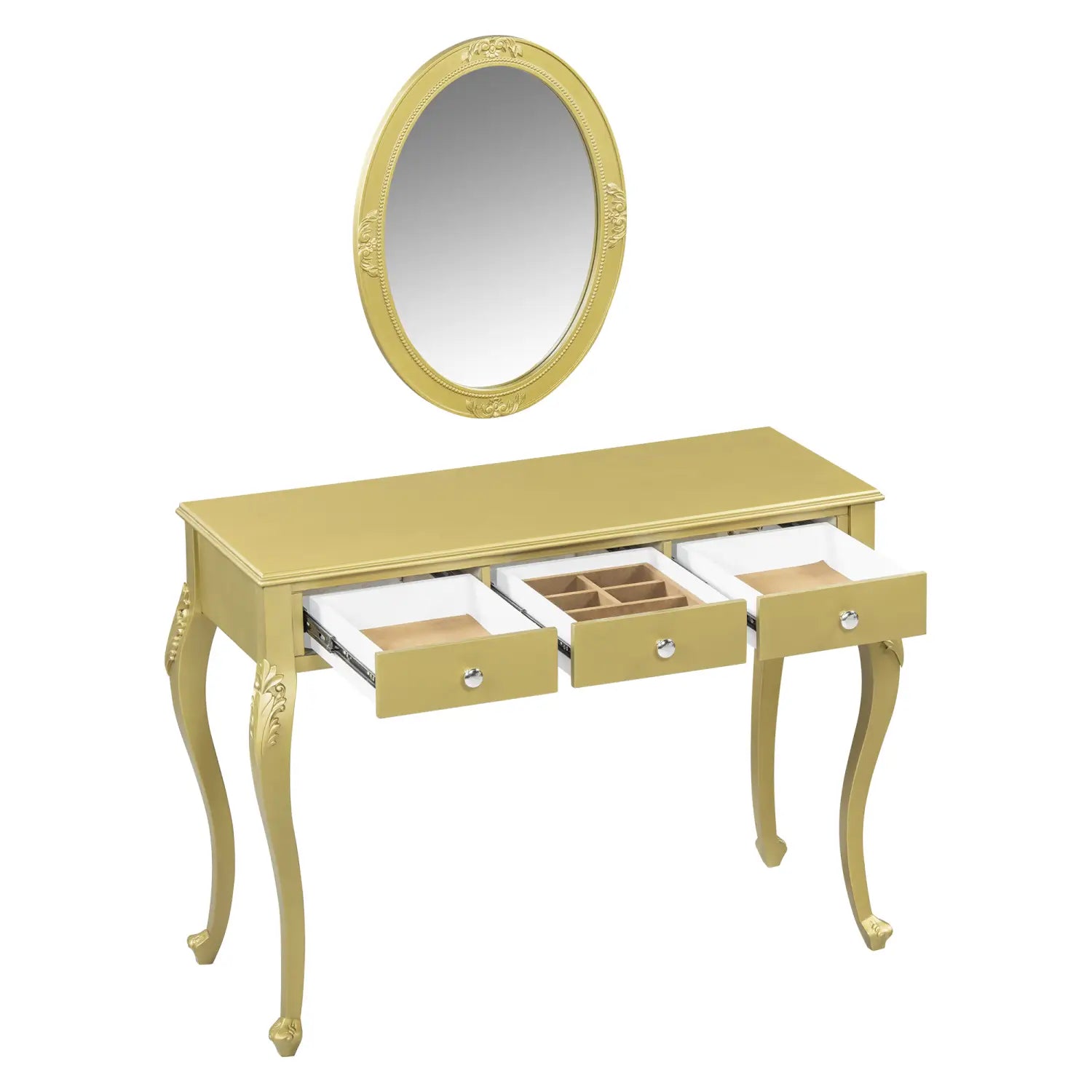 Gold-finished vanity table with ornate legs and three drawers including one divided into compartments ideal for makeup organization with an oval mirror.
